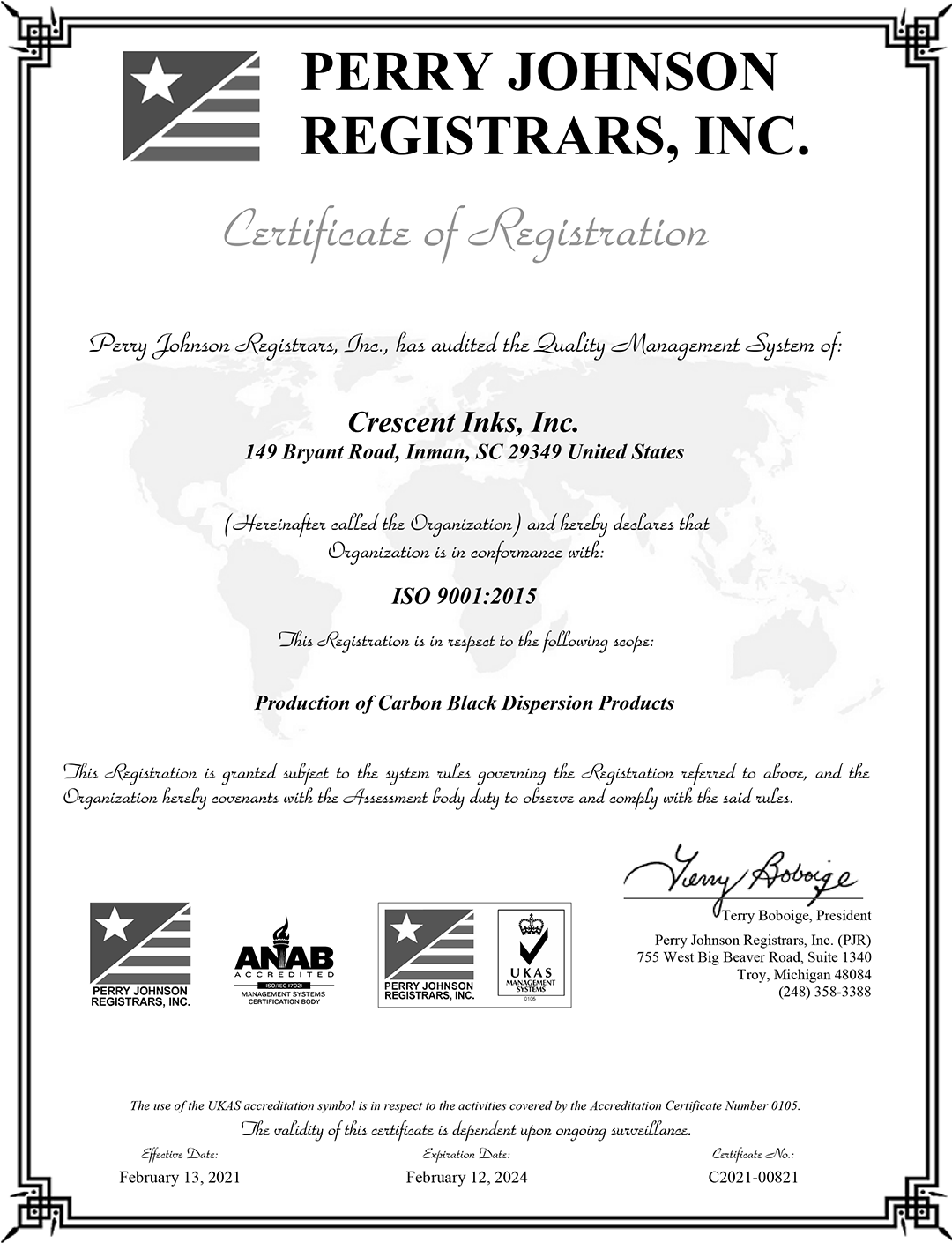 Crescent Inks Inc of Spartanburg SC - Inman South Carolina - ISO Quality Certification